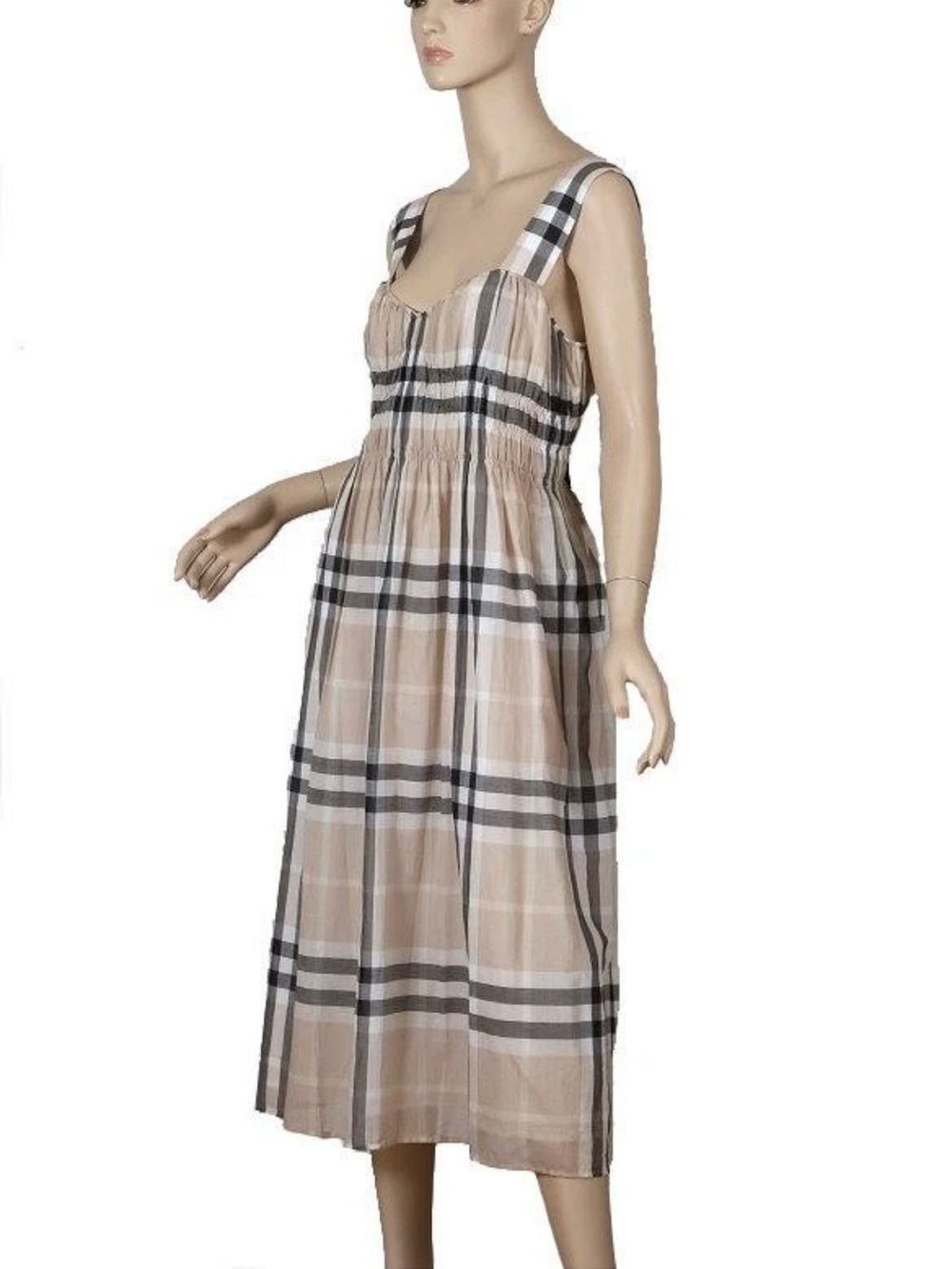 NEW BURBERRY CLASSIC BEIGE IVORY GRAY CHECK PLEATED COTTON SUMMER DRESS 44/10 - Picture 4 of 8